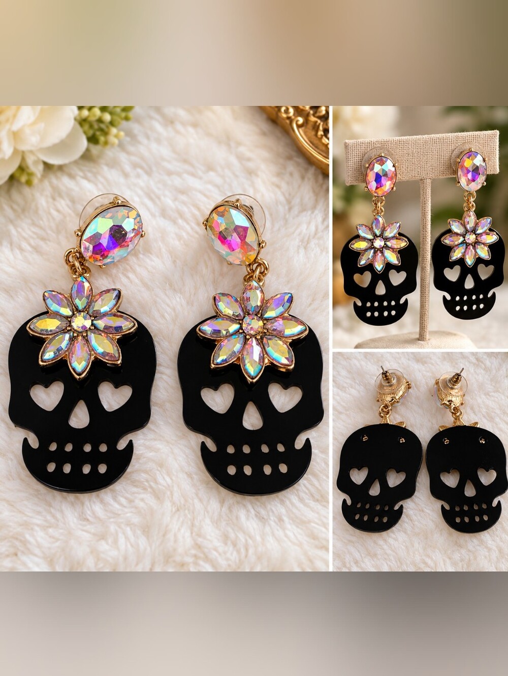 Black Skull & Iridescent Crystal Flower Statement Earrings